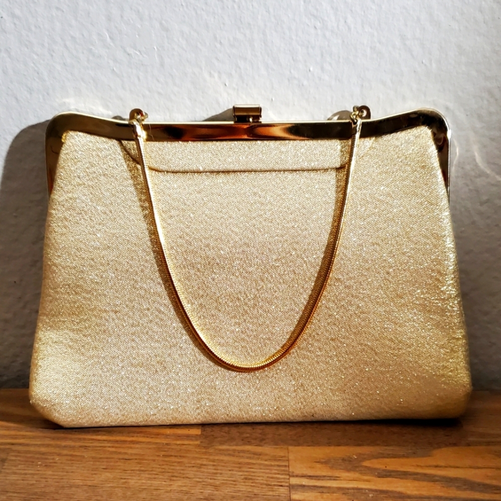 Vintage Gold Fabric Evening Clutch/Purse with Gold Metal Hand Strap